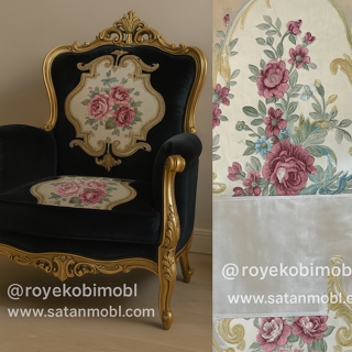 پارچه مبلی استیل و کلاسیک تک گل گلدوزی شده همراه با گل کاناپه ای